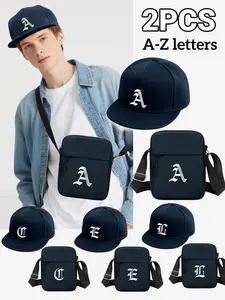 2PCS stylish flat-brim baseball cap + crossbody bag set, trendy and versatile trucker hat with embroidered letter patch, crossbody bag with various letters (A-Z) available, suitable for daily street, hip-hop rap and shopping outfits.