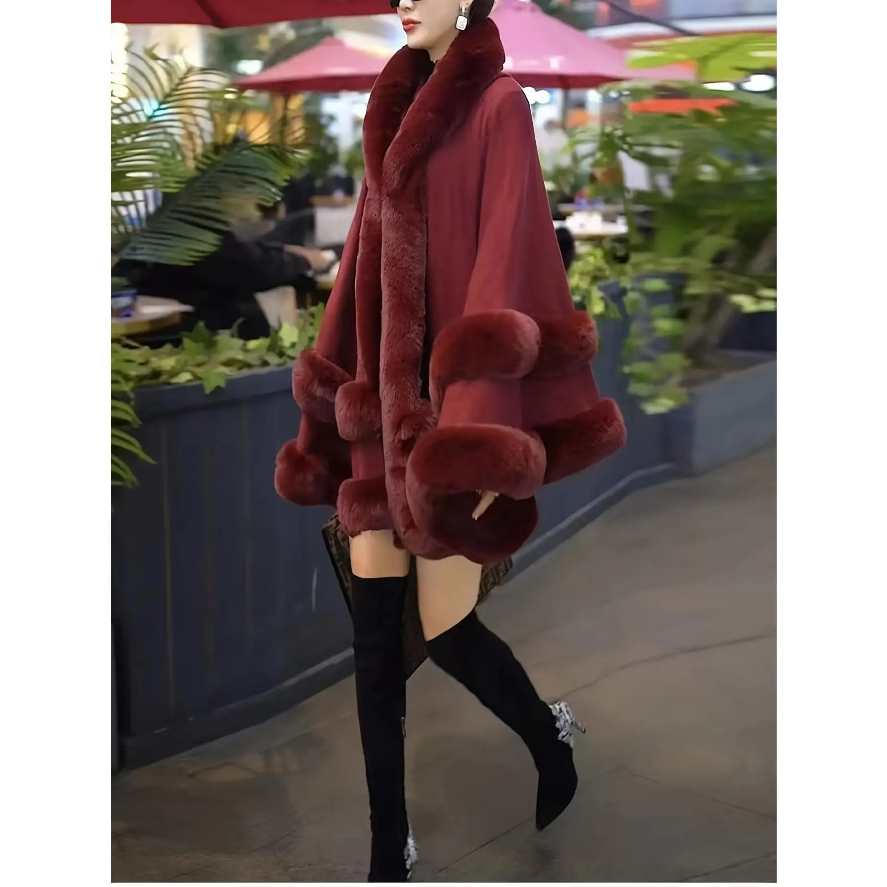 Women's Winter Cape-Style Faux Fur-Lined Hooded Cardigan - Burgundy Plush Open Front Oversized Coat for Cold Weather, Middle Eastern-Inspired Elegance, Dry Clean Only, Ladies Winter Coats, Cold Weather Apparel, Cape Style Outerwear, Luxury Fabric Coat