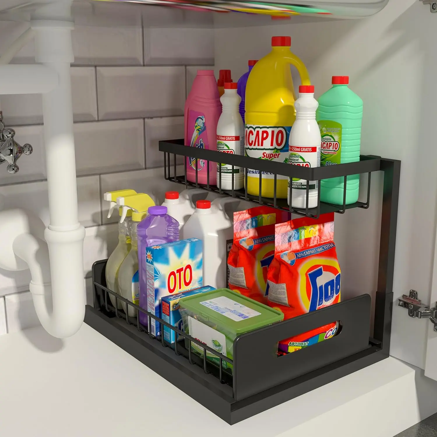 2-Tier L-Shape Steel Pull Out Under Sink Organizer with Slide Out Design - Anti-Rust Stable Tool-Free Drawer Organization for Kitchen, Bathroom - Cabinet Spice Rack, Storage Box, Ideal Gift for Mothers