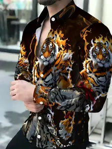 Men's Breathable Lapel Long Sleeve Cardigan with Blazing Tiger Print