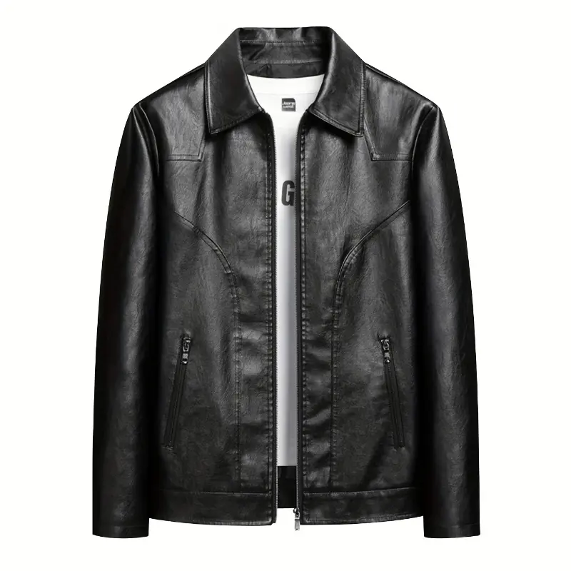 Men's Faux Leather Pilot Jacket with Lapel Collar, Casual Windproof Long Sleeve Top with a Loose-Fitting Cut and Zip Pockets, Tops, Menswear, Leather & Faux Leather