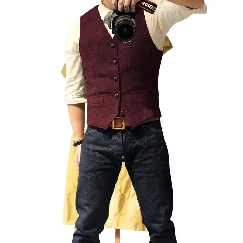 Men's Vintage Herringbone Tweed Vest - Western Cowboy Style,  Suits Stretch Fabric Beige Vneck Plain Sleeve Formal, Polyester Menswear Fathersdaygift