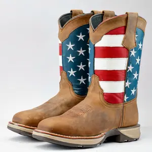 Distressed Brown USA Flag Leather Work Boots- Composite Toe