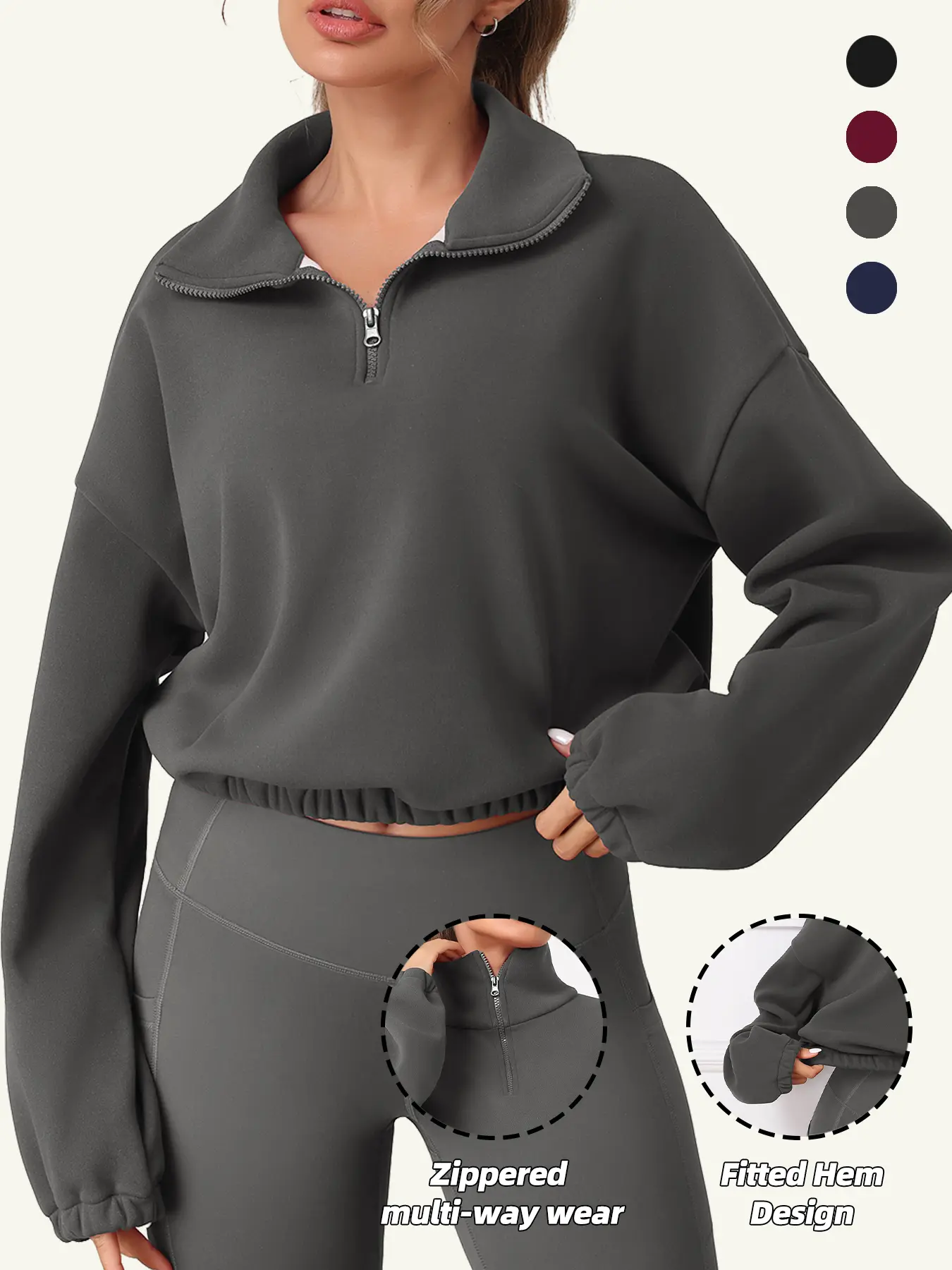 Women's Long Sleeve Fleece Knit Fabric Pullover Sweatshirt, Loose Fit Sporty Style, Half-Zipper Hoodless Design, Perfect for Fall & Winter, Basic Athletic Top, Loose Casual Athleisure Womenswear, Yoga Gym Activewear