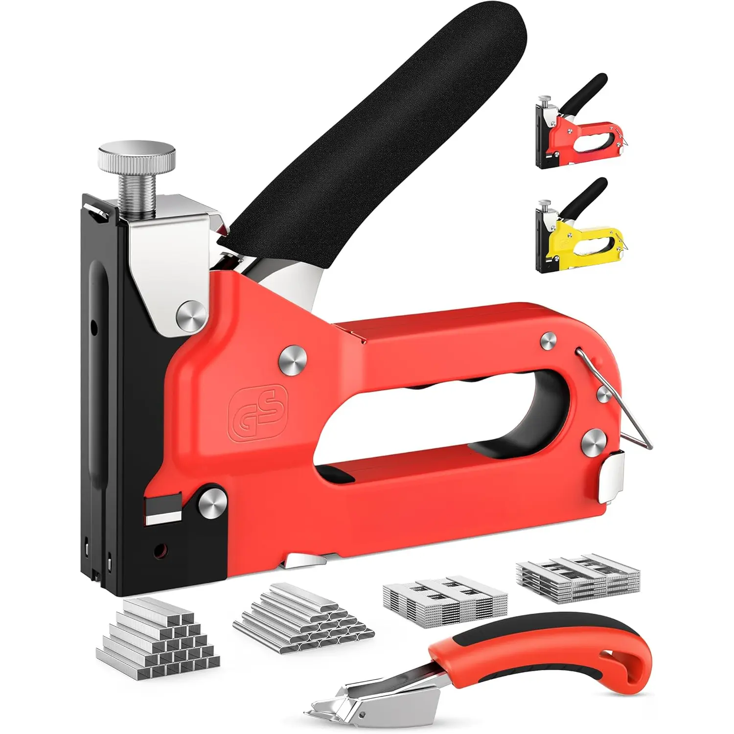 4-in-1 Heavy Duty Manual Upholstery Stapler with Chrome-Coated Rust-Resistant Parts, Compact Easy-to-Handle Design, Adjustable Drive, 4000 Staples & Remover for Upholstery, Soft Fabrics, DIY Projects