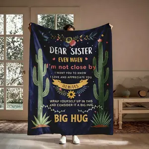Dear Sister Cactus Floral Pattern Blanket, 1 Count Soft Warm Flannel Throw Blanket, Cozy Nap Blanket for Sister Gift