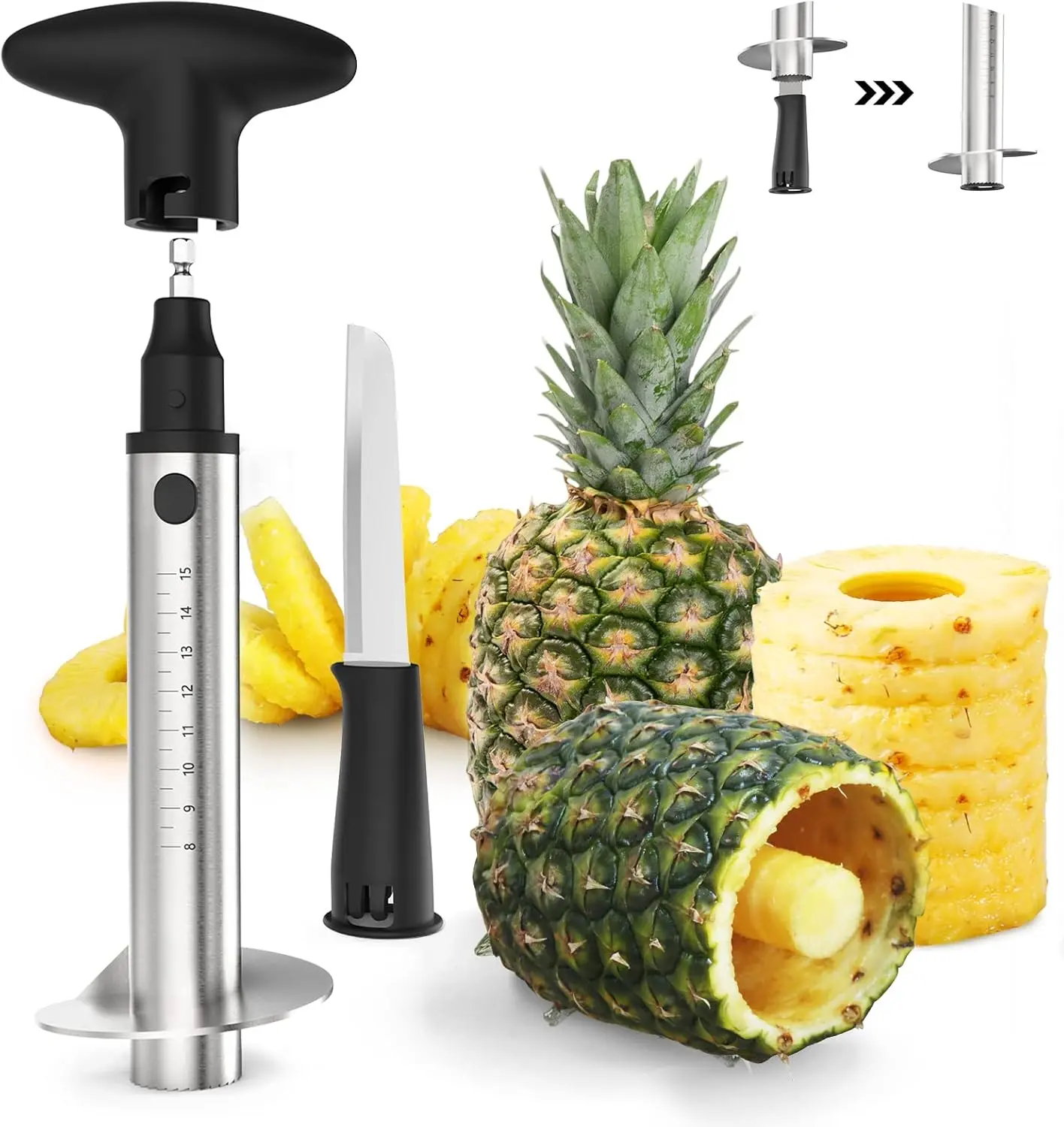 Pineapple Corer with , [Upgraded, Electric & Manual]   Fruit  with Electric Drill Accessory, Pineapple Slicer Core Remover Kitchen Tool with Measure Mark
