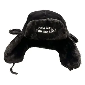 CMIYGL Black Wool Ushanka Hat with Adjustable Front & Side Embroidery Call Me If You Get Lost One Size Fits All