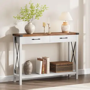 Elegant 43'' Farmhouse Entryway Table with 2 Spacious Drawers & Open Storage Shelf – Stylish Industrial Console Sofa Table for Hallway, Living Room, and Foyer