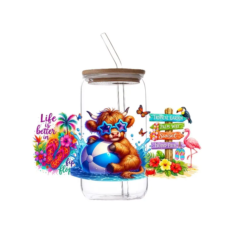 UV DTF Cup Wrap Decals - 5 Sheets Cow Pattern Waterproof Transfer Stickers for 16 oz Glass Tumblers, Summer Beach Themed DIY Home Decor Gifts, Decal
