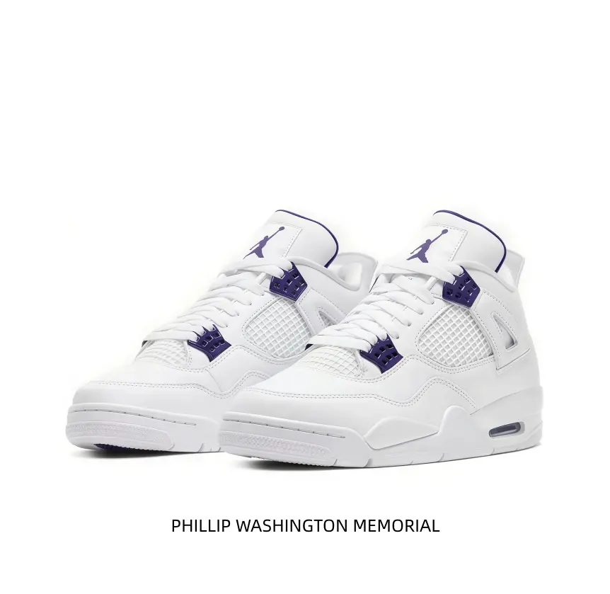 Iconic white purple mid-top athletic shoes hollow perforated mesh side panels purple lace accessories full white air cushioned sole for street fashion and ball sports