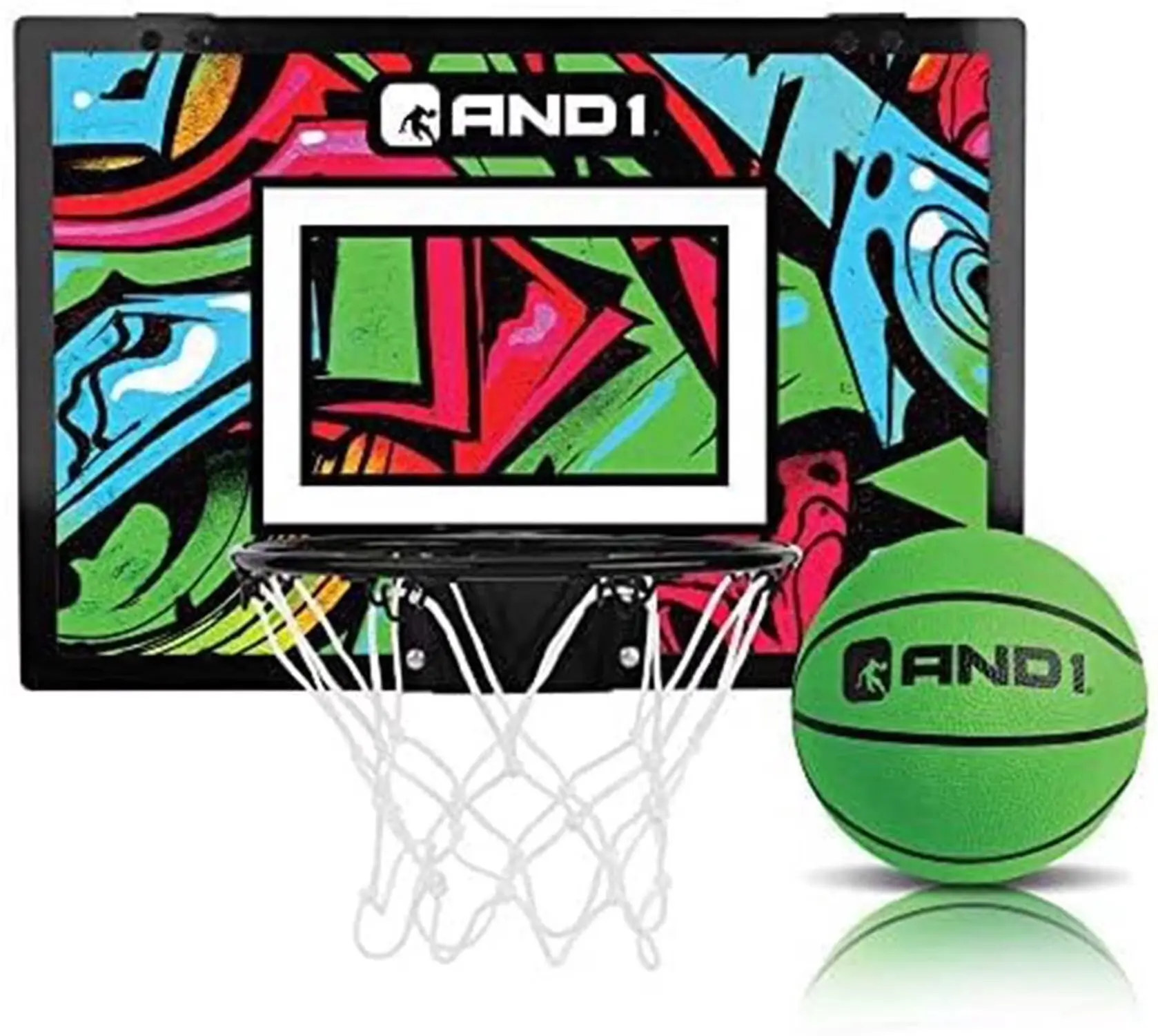 AND1 Over the Door Mini Basketball Hoop Set, 18x12 in Shatterproof Backboard, Steel Alloy Construction, 1 Mini Basketball, Tool-Free Indoor Use