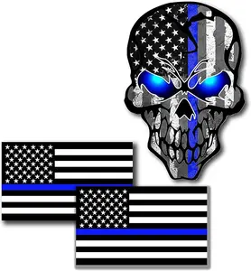 3 Pack Car Decals Stickers Reflective US Flag with Thin Blue Line and Skull, Honoring Police Law Enforcement Vinyl Stickers Van Trucks Women Men Motorcycle Laptop Decals Skateboard Bike Bumper Window