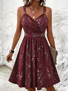 New Plus Size Women's Spring Summer Casual Floral Print Cross Front V Neck Dress, Thick Straps, A-Line Skirt, Waist Tie, Perfect for Dates and Daily Wear