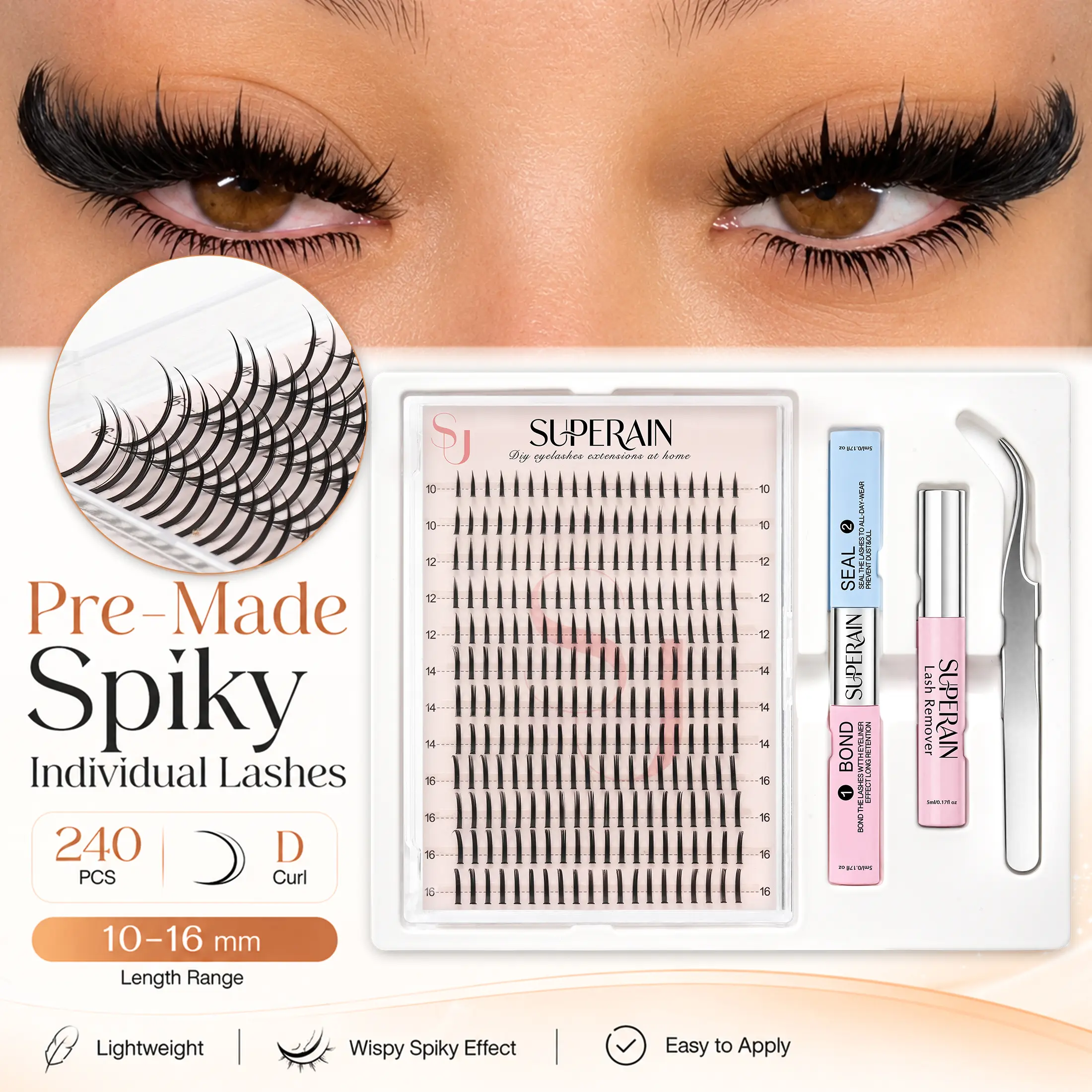 SUPERAIN DIY Cosmetic Eyelash Extension Kit for Adults - 240 PCS 12mm 0.05mm Pre-Made CC Curl Spiky Natural Cotton Lash Clusters, 2-in-1 Lash Bond & Seal, Remover, Toolkit - Wispy Effect, Easy At-Home Application False Eyelashes