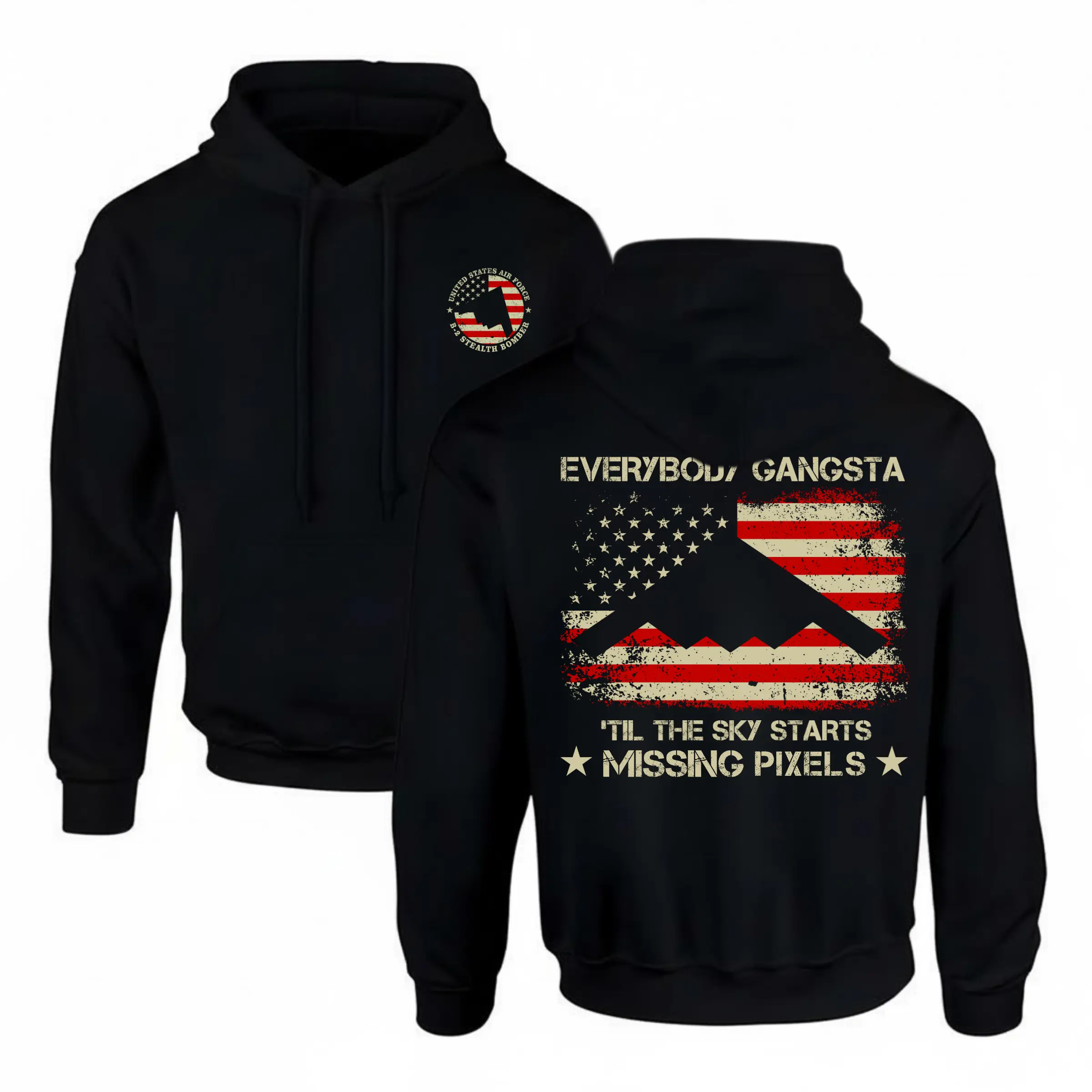 US Air Force B-2 Spirit Stealth Jet Hoodie with American Flag T-Shirt, Vintage USA Patriotic Pride 2 Sided Design United States Air Force Unisex Cotton T-shirt for Men for Women Menswear Womenswear Top, MADE IN USA
