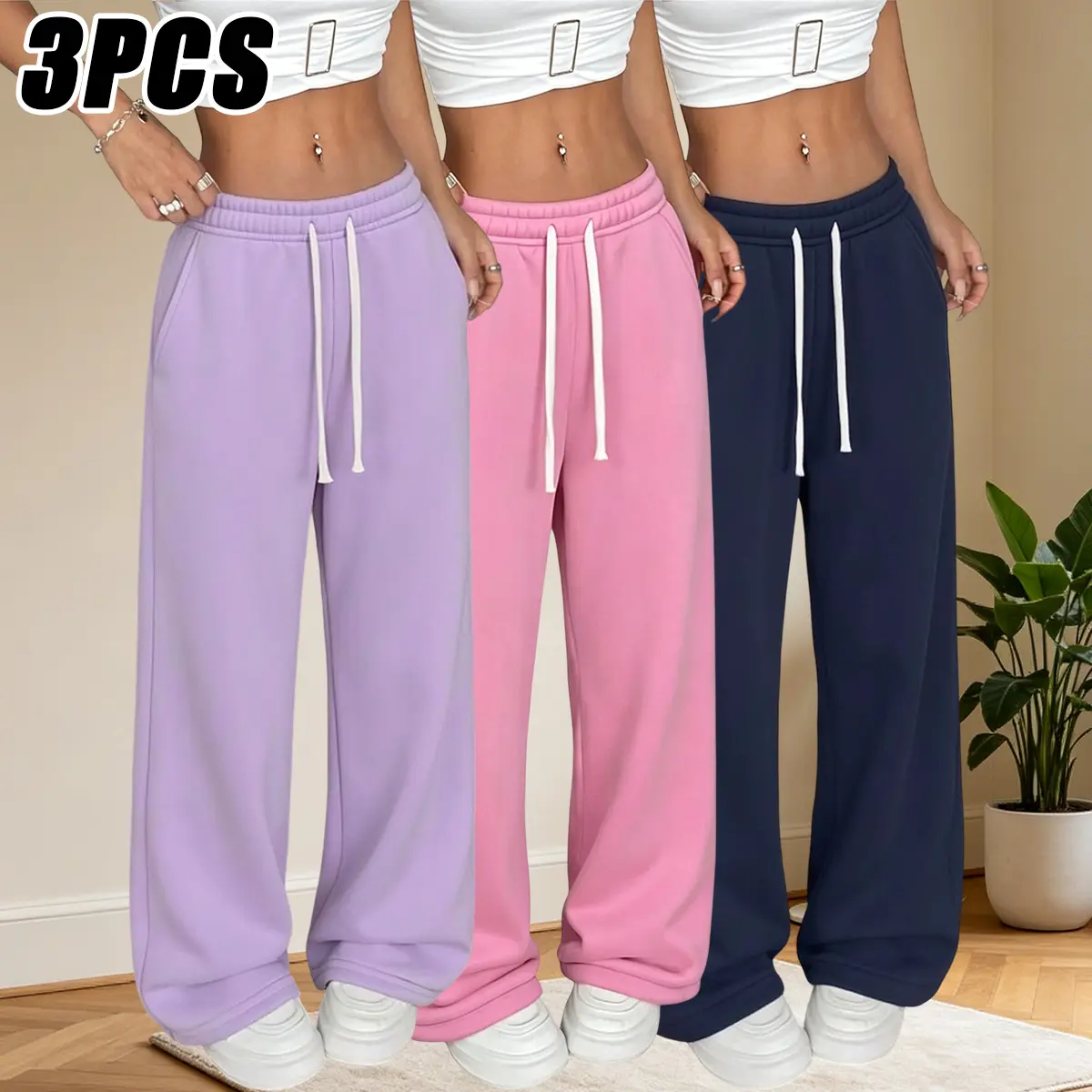 3-piece set, women’s athletic casual pants, loose wide-leg pants, solid color, elastic drawstring waistband, suitable for outdoor sports and everyday casual wear, women’s sweatpants, jogging pants, women’s long pants, women’s pants, womenswear