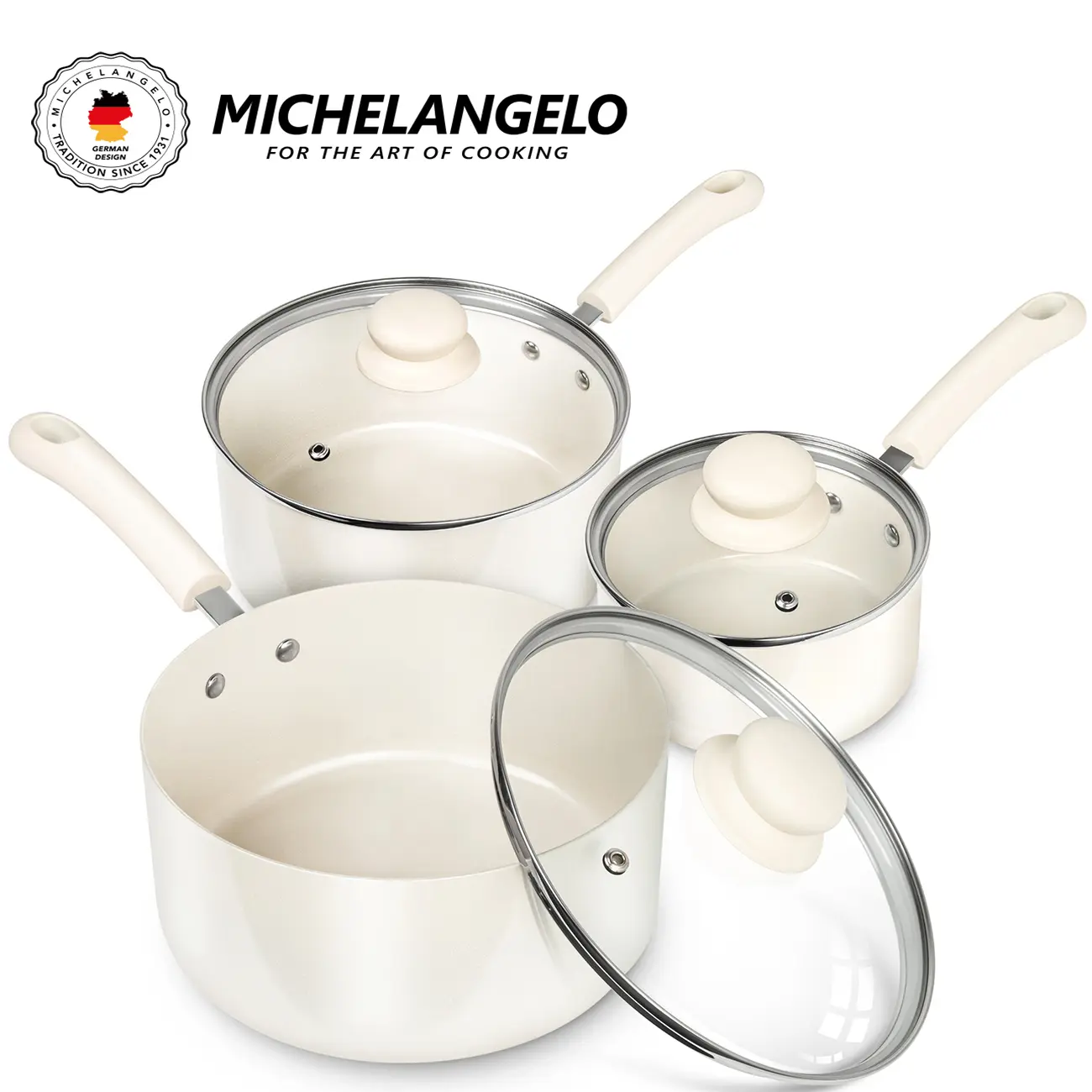 MICHELANGELO Ceramic Nonstick Saucepan Set, Induction Compatible Sauce Pans, 1QT, 2QT & 3QT