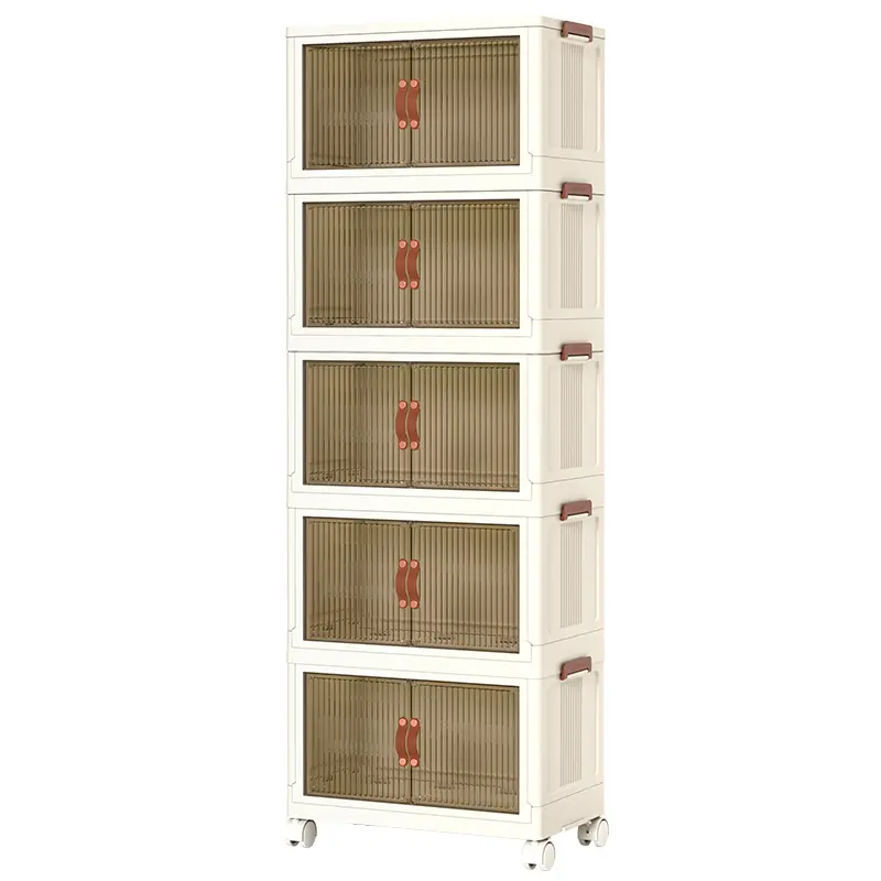 5-Tier Foldable Plastic Storage Box with Clear Doors, Stackable Wheeled Organizer, Eco-Friendly Durable Traditional Home Decor for Closet, Pantry, Stackable Container Bins, Stackable Lidded Bins, Space Saver Organizer