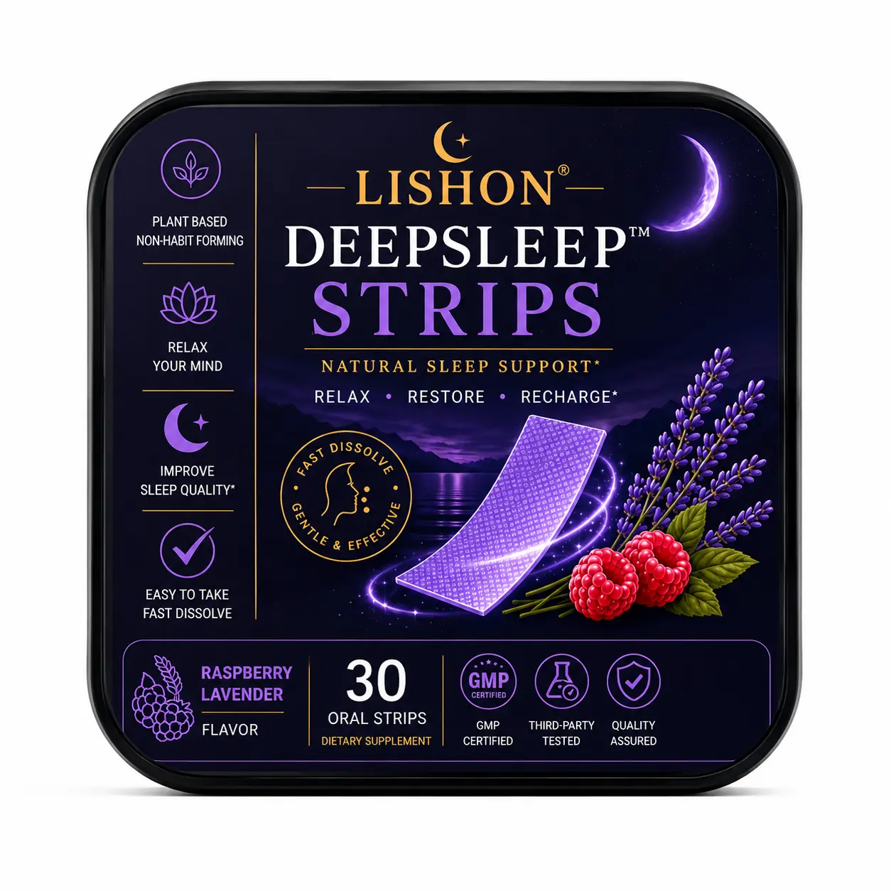 Lishon DeepSleep Oral Strips - Fast Dissolve Sleep Support Supplement Raspberry Lavender Flavor -30 Strips