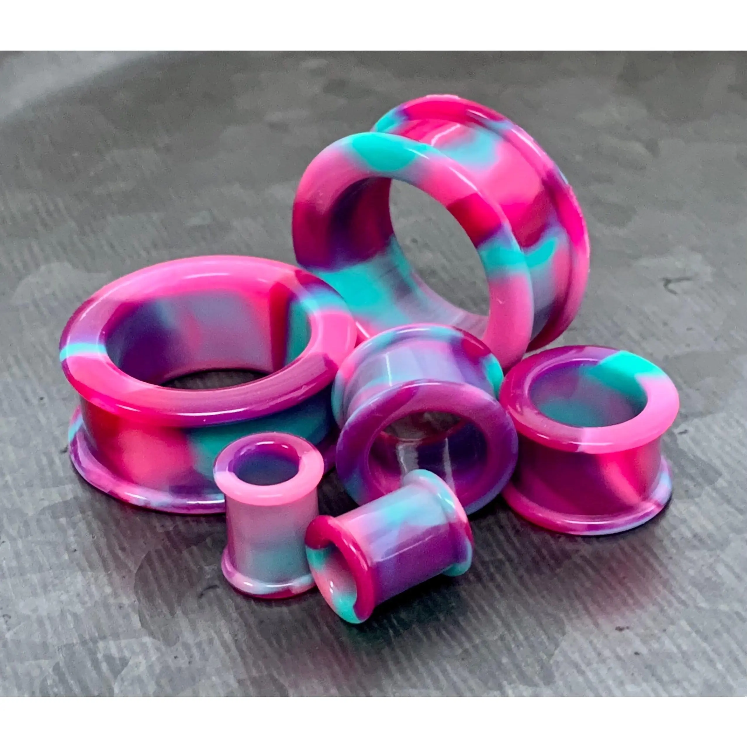 PAIR of Stunning Pink, Purple & Teal Swirl Galaxy Silicone Double Flare Tunnel/Plugs - Gauges 2g (6.5mm) up to 2" (50mm)