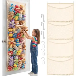 Wide Over The Door Stuffed Animal Storage Cotton Toy Organizer for Plush Toys Baby Supplies, Stuffed Animal Holder with 4 Large Pockets, Hanging Door Organizer for Nursery Bedroom Kids Room