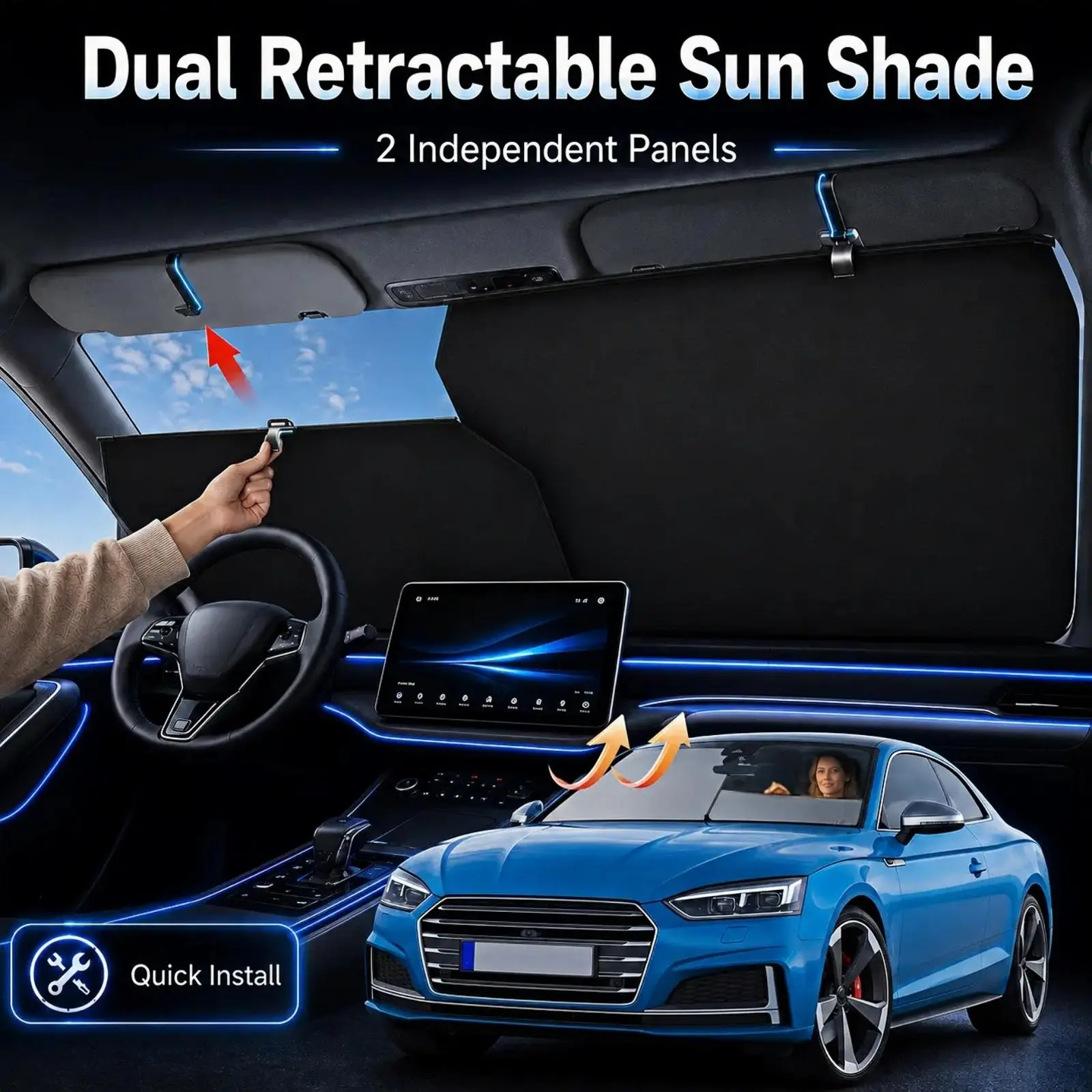 Car Windshield Sunshade - 1-Button Fold Retractable UV Heat Blocker, Automotive Interior Accessory, Car Exterior Accessory Essential