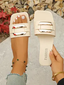 Women's Fashionable Plain Color Square Toe Slide Sandals, Casual Outdoor Sandals, Casual Comfortable Flat Sandals for Summer, Lightweight Breathable Shoes for Daily Wear, Girl