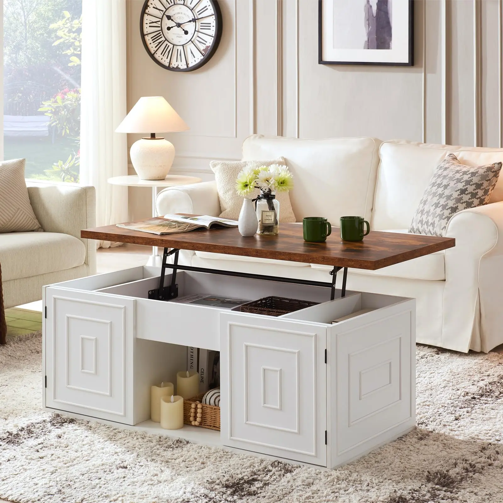 【SummerFinds】ONBRILL Lift Top Coffee Table with Storage, 48" Rustic Center Table with Hidden Storage Compartment and 2 Cabinet, White Coffee Table Converts to Dining Table, Living Room Furniture SummerFinds