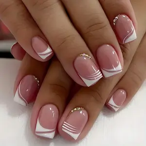 24pcs Medium Square Press On Nails - Pink & White French Style Glossy Fake Nails with Rhinestone Accents, Reusable Artificial Nails for Women, Easy Application for Parties & Special Occasions, Nails Accessories, Party Accessories, Decorative Pressons