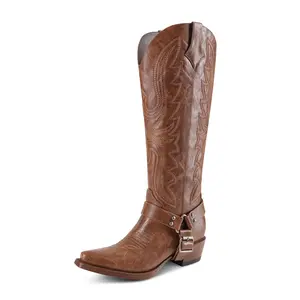 MISSSILVER Cowboy Boots for Women with Buckle Strap Knee High Cowgirl Boots Embroidered Pointed Toe Chunky Heel Pull On Western Tall Boots for Rodeos Party Concert Festival Walking Shoes