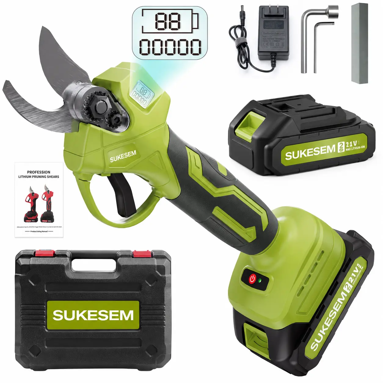 SUKESEM Cordless Electric Pruning Shears with Steel Blades - Outdoor Gardening Branches Cutting Tool, 1.35in Powerful Cuts Heavy-Duty Pruner, 21V Batteries with LCD Display, 6-8H Runtime, Lightweight, Fathers Day Gift