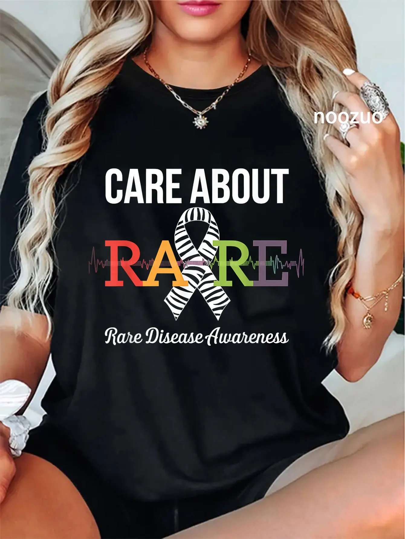 Casual Zebra Ribbon Graphic T-Shirt, 100% Cotton Unisex Round Neck Streetwear, Everyday Support Gift for Rare Disease Awareness, Tshirt, Women