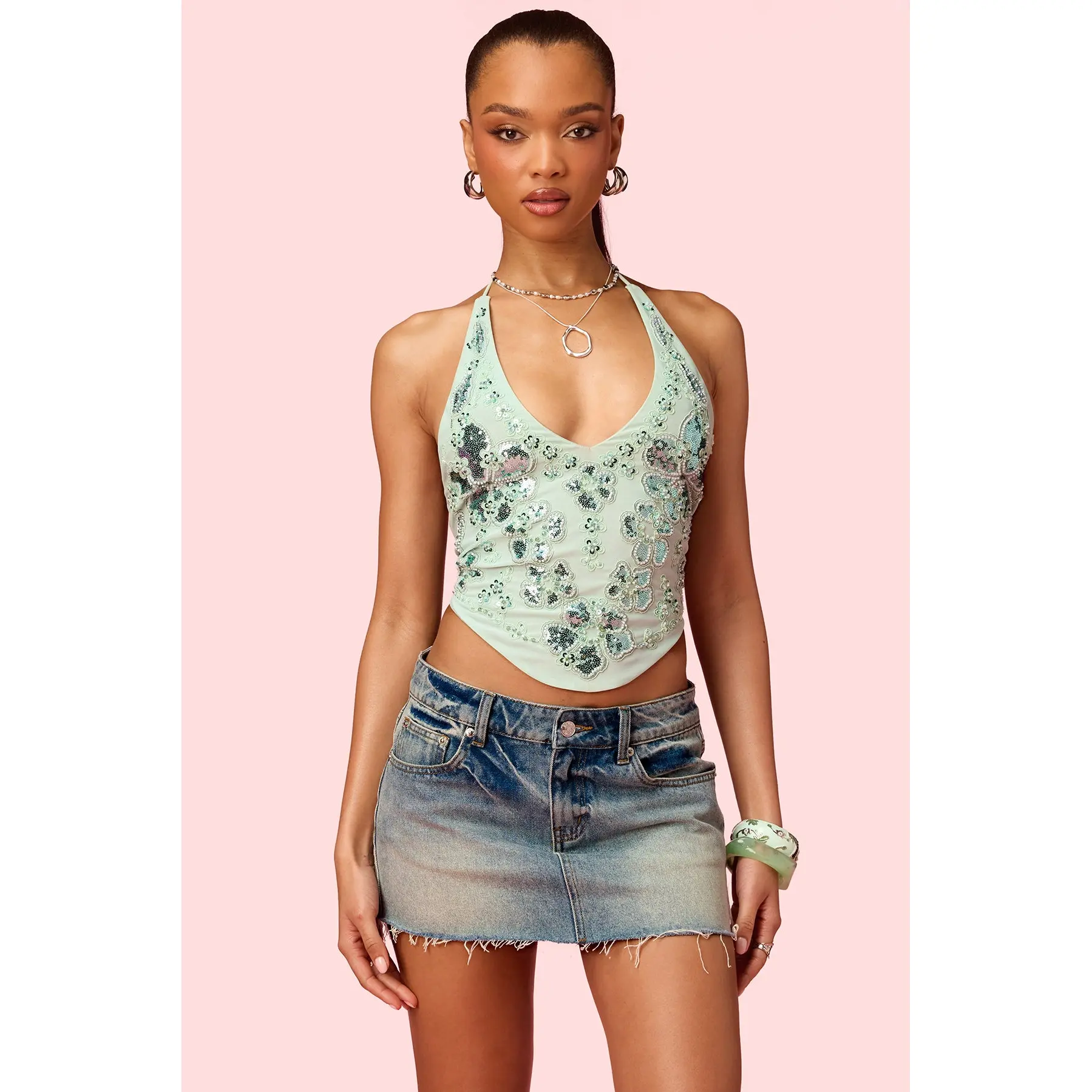 Barbie™ Floral Bead & Sequin Mesh Top