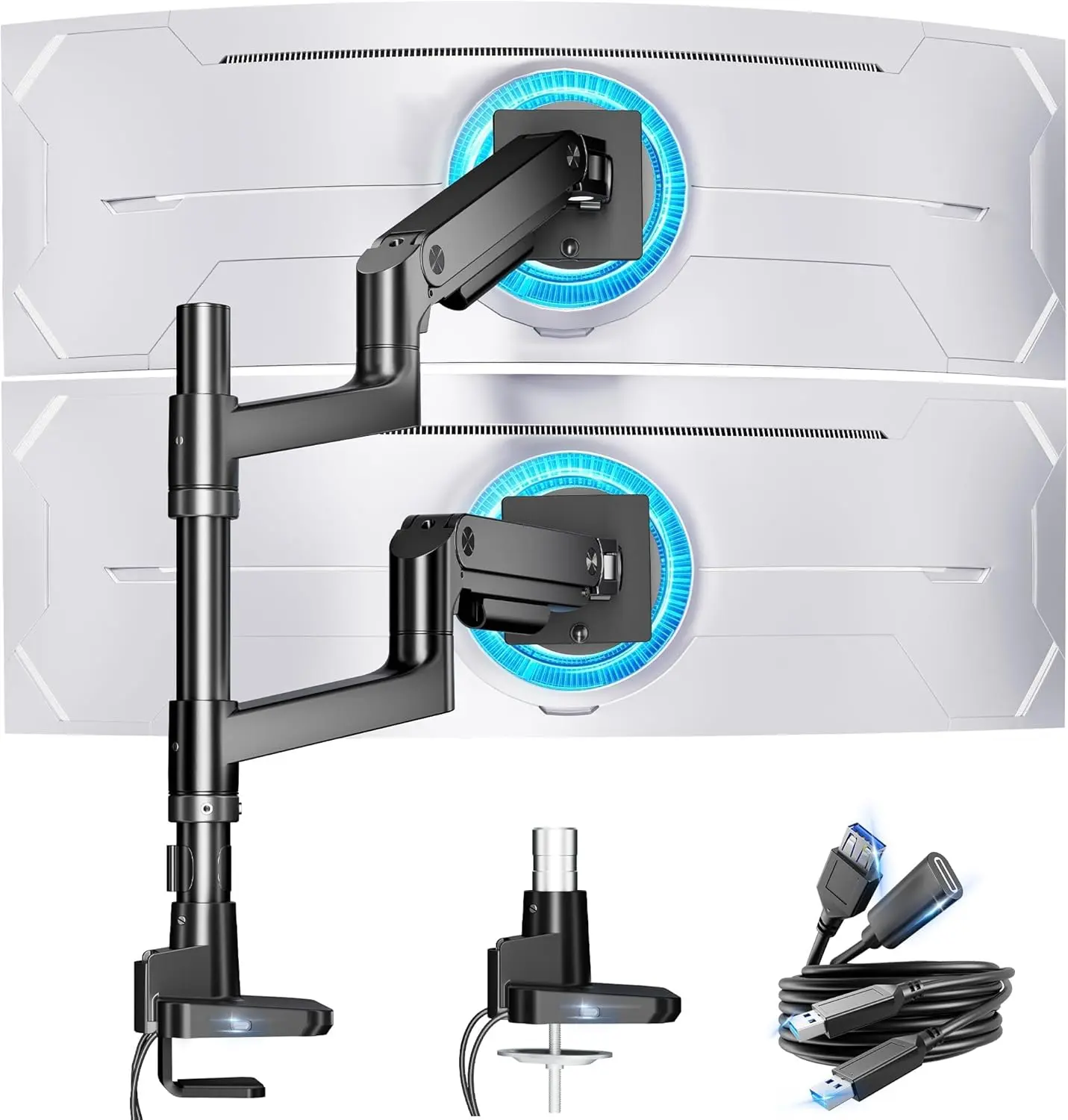 ARES WING Single/Dual Monitor Arm - Heavy Duty Ultrawide Curved Stackable Mount, 17-49 Inch, Vertical Gas Spring with USB-A, Ergonomic Home Office Desk Setup Swivel Adjustment for Computer Desk