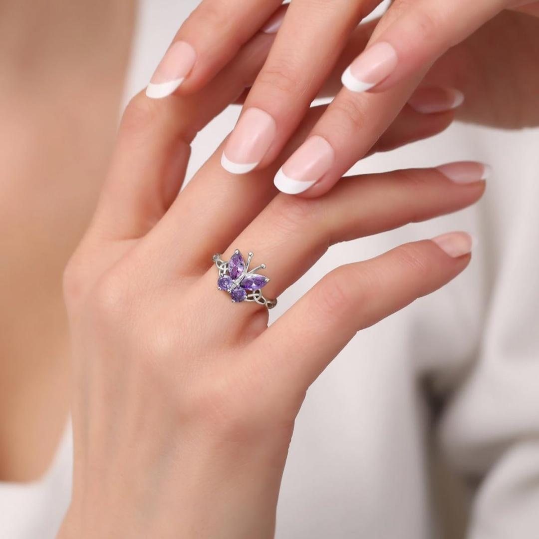 Silver Story 925 Sterling Silver Purple  Butterfly Ring for Women, Dainty Fixed Band Finger Ring with Sparkling Gemstone, Cute Nature Inspired Animal Jewelry Gift for Girls Party Daily Wear