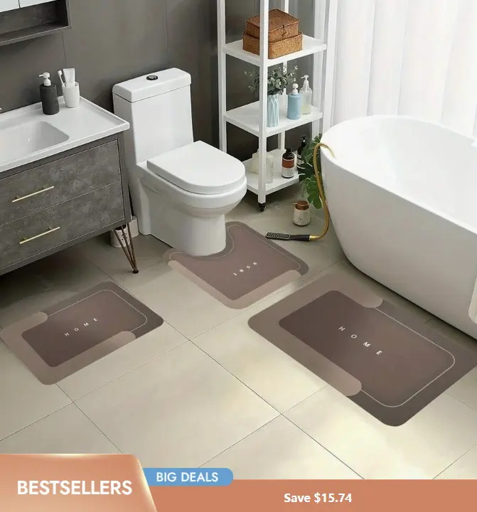 3-Piece HOME Design Bathroom Mat Set, Super Absorbent Microfiber Bath Rugs, Non-Slip Machine Washable U-Shaped Contour & Rectangular Floor Mats For Shower, Toilet, Hotel & Dorm