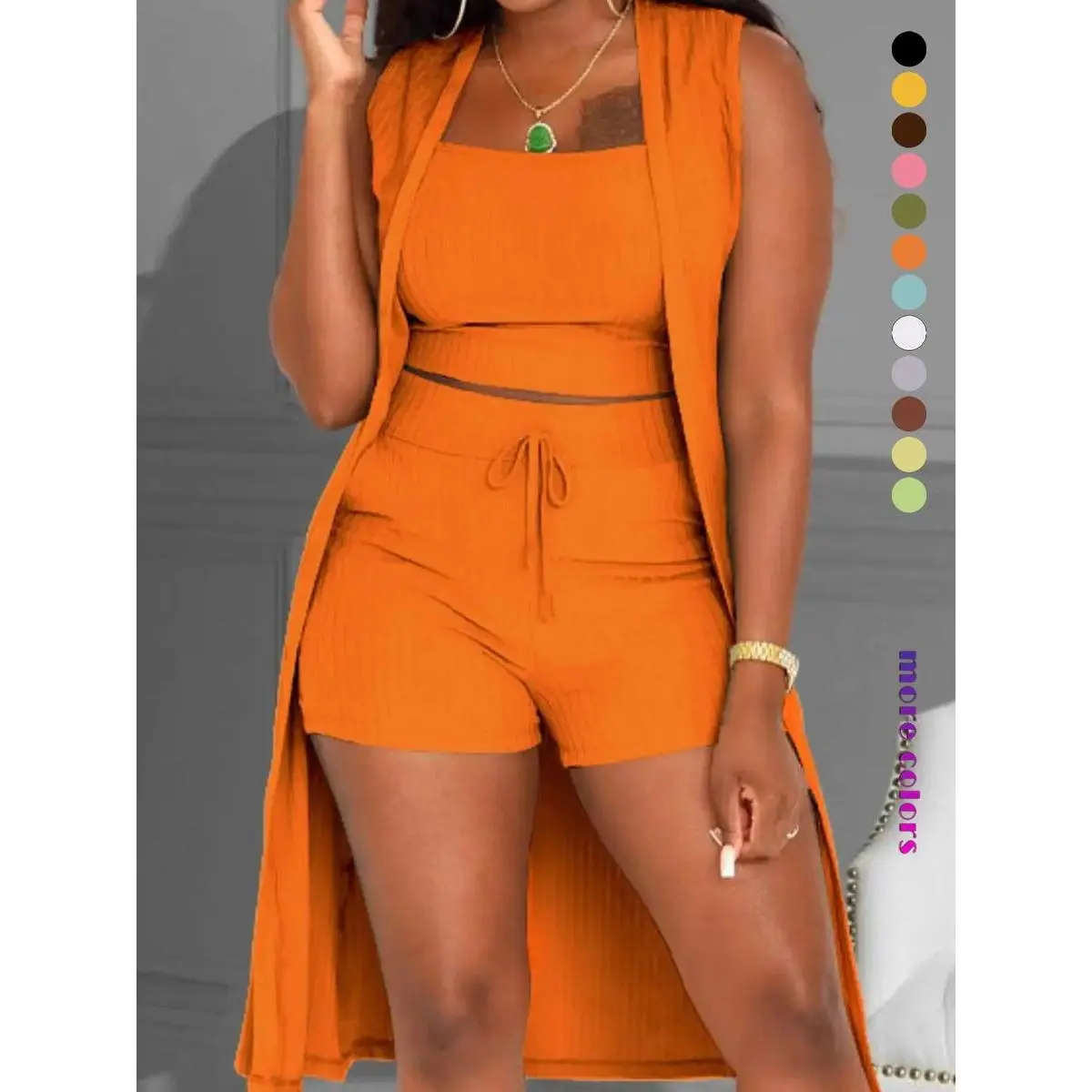 Three-Piece Set Women's Solid Ribbed Co-ord Set, Casual Crop Tank Top & Drawstring Waist Shorts & Vest Coat Set for Daily Wear, Summer Clothes, Women's Clothing