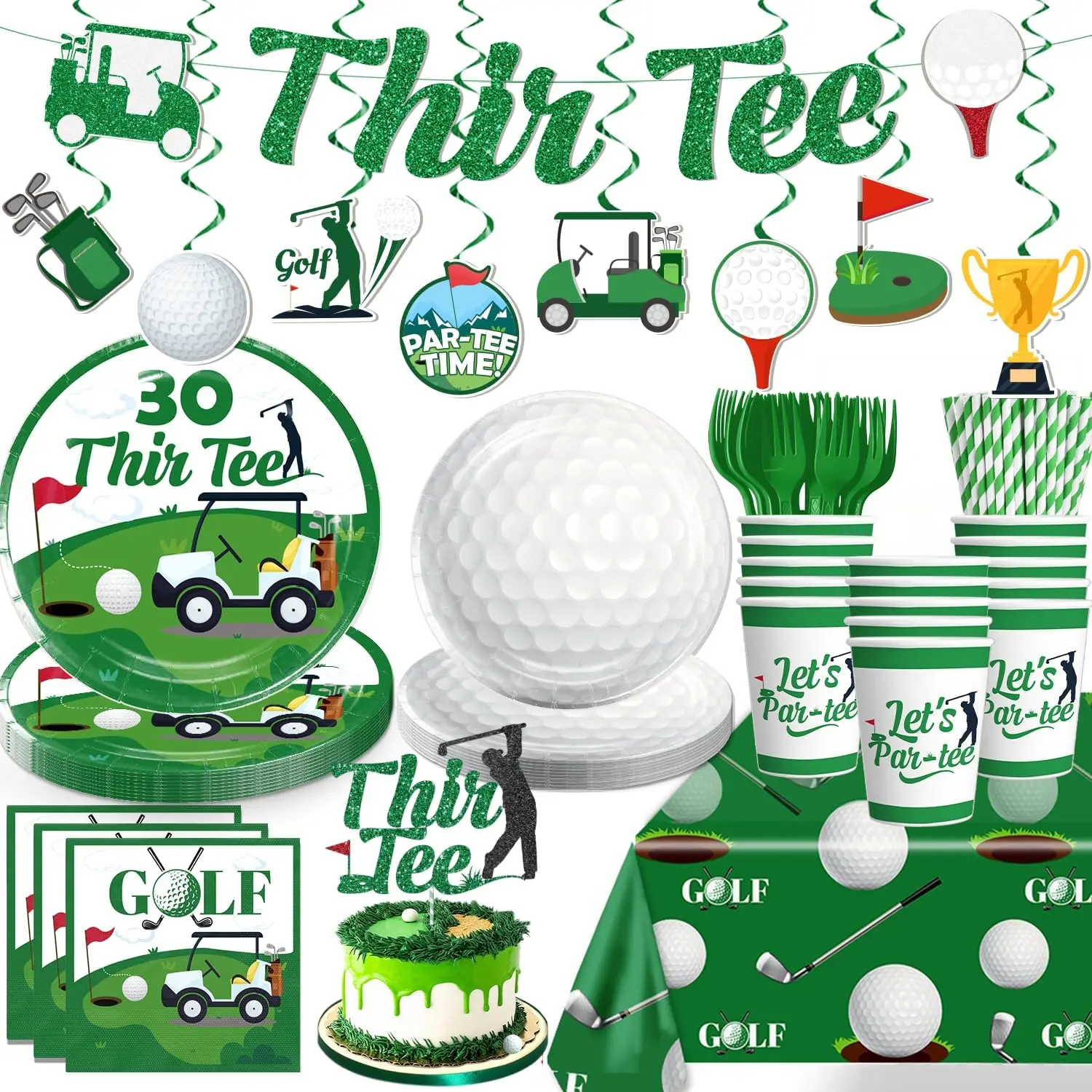 Golf 30th Birthday Decorations for Him, Golf Theme 30th Birthday Party Decorations with Thir-Tee Golf Themed Tableware Set, Banner, Hanging, Waterproof Tablecloth, Cake Topper, Serves 20