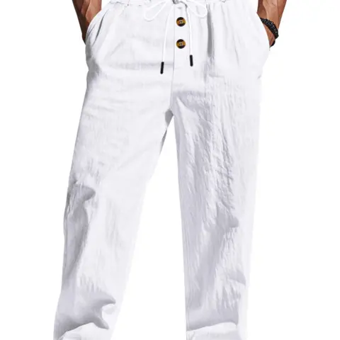 Men's Linen Long Pants, Breathable Casual Trousers, Lightweight Casual Design, Elastic Waistband, Casual Solid Drawstring, Perfect for Outdoor & Beach Use, Summer Bottoms