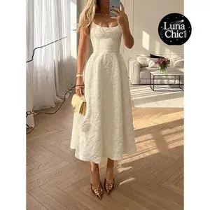 Elegant Solid Color French High-End Elegant Lightweight Party Dress, Sleeveless Cinched Waist Slim Midi Dress, Apricot