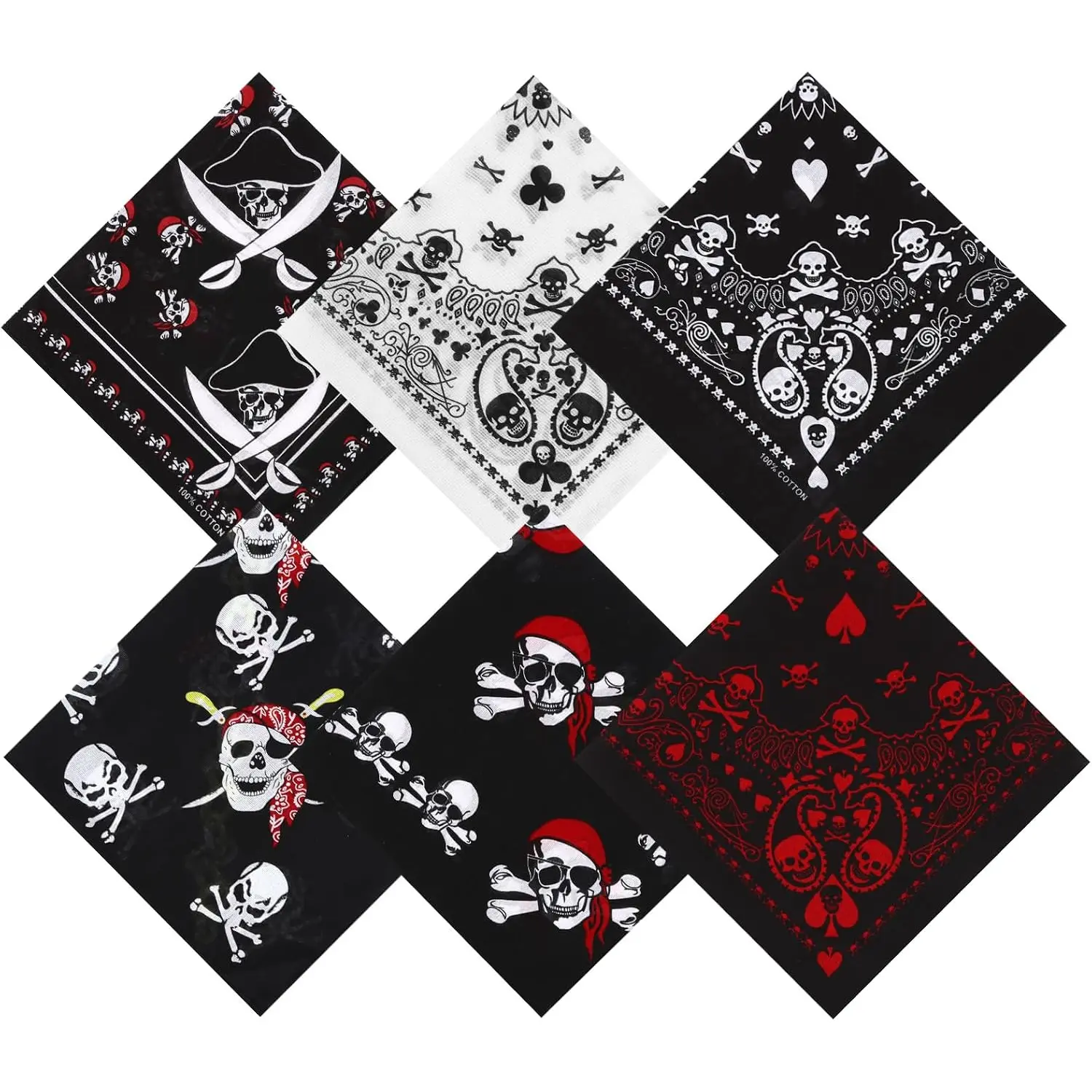 6 Pack Skull Bandana Cotton Head Scarf Pirate Bandana Neck Scarf Hair Wrap for Men Women