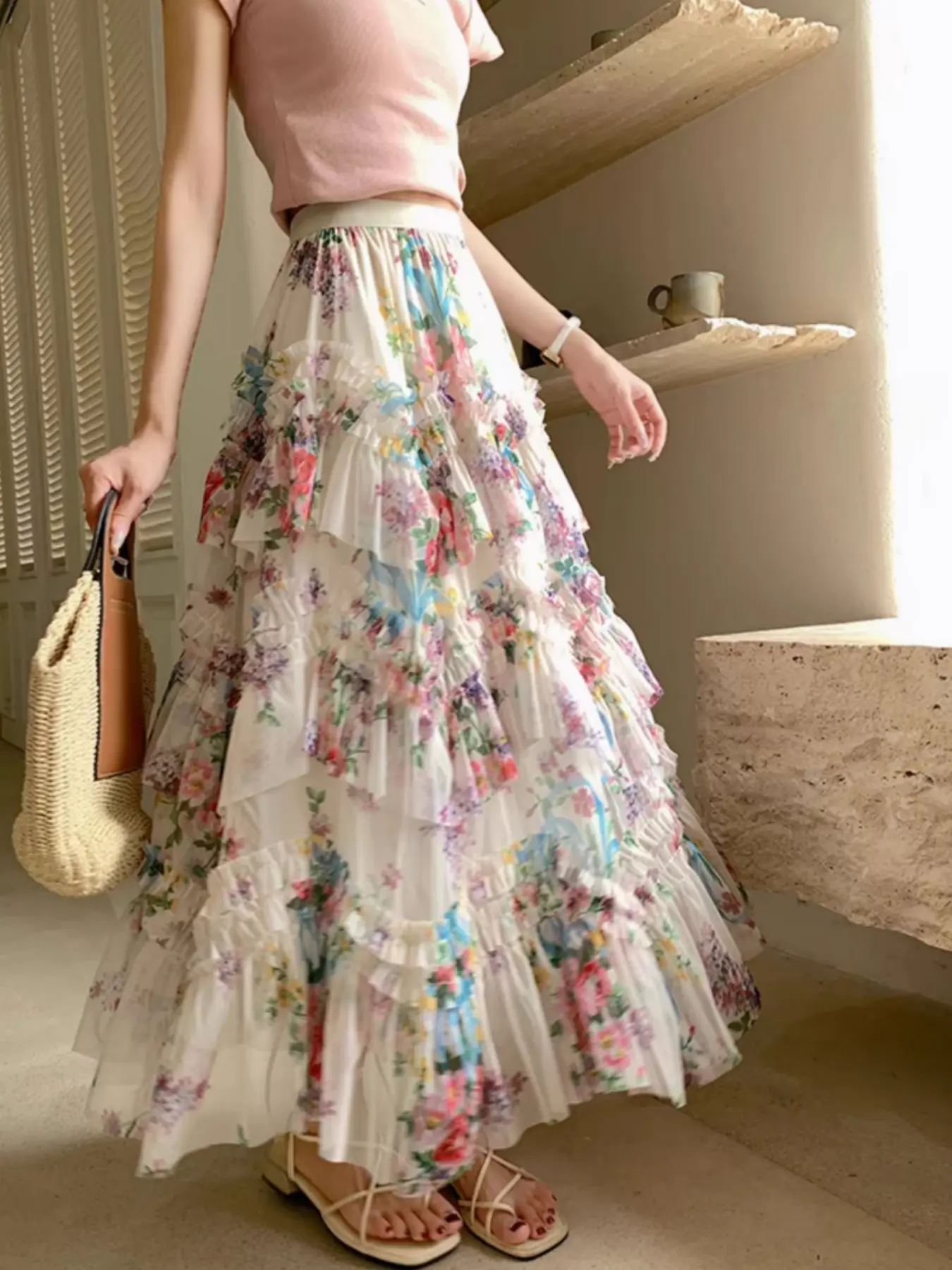French Vintage Asymmetrical Ruffled Mesh Skirt, New Loose A-Line Ditsy Floral Long Skirt for Women, Casual & Party Wear, Ruffle Trim Skirt