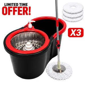 Spin Mop and Bucket System with Wringer Set, Stainless Steel Basket & Adjustable Handle, Easy Wringing Floor Cleaning Mop Bucket with Soap Dispenser and 3 Extra Microfiber Heads for All Floor Types