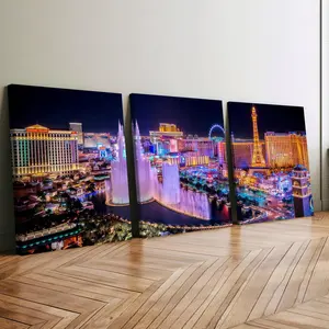 3-Piece Wooden Frame Canvas Prints, Las Vegas Night Scene Neon Theme Posters, Modern Art Home Decor, High-Definition Waterproof Wall Art, Modern Home Decoration