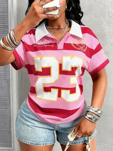 Women's Street Style Striped Polo Shirt, Contrast Color Design, Summer Fashion, Comfortable Casual Top, Ideal for Daily Wear