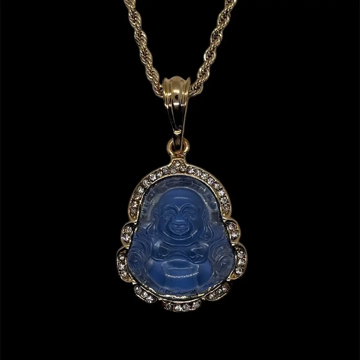 14K Gold Plated Buddha Pendant Gold Plated Buddha Charm with Rhinestones Artificial Jade Gold Filled Buddha Charm Necklace- Blue