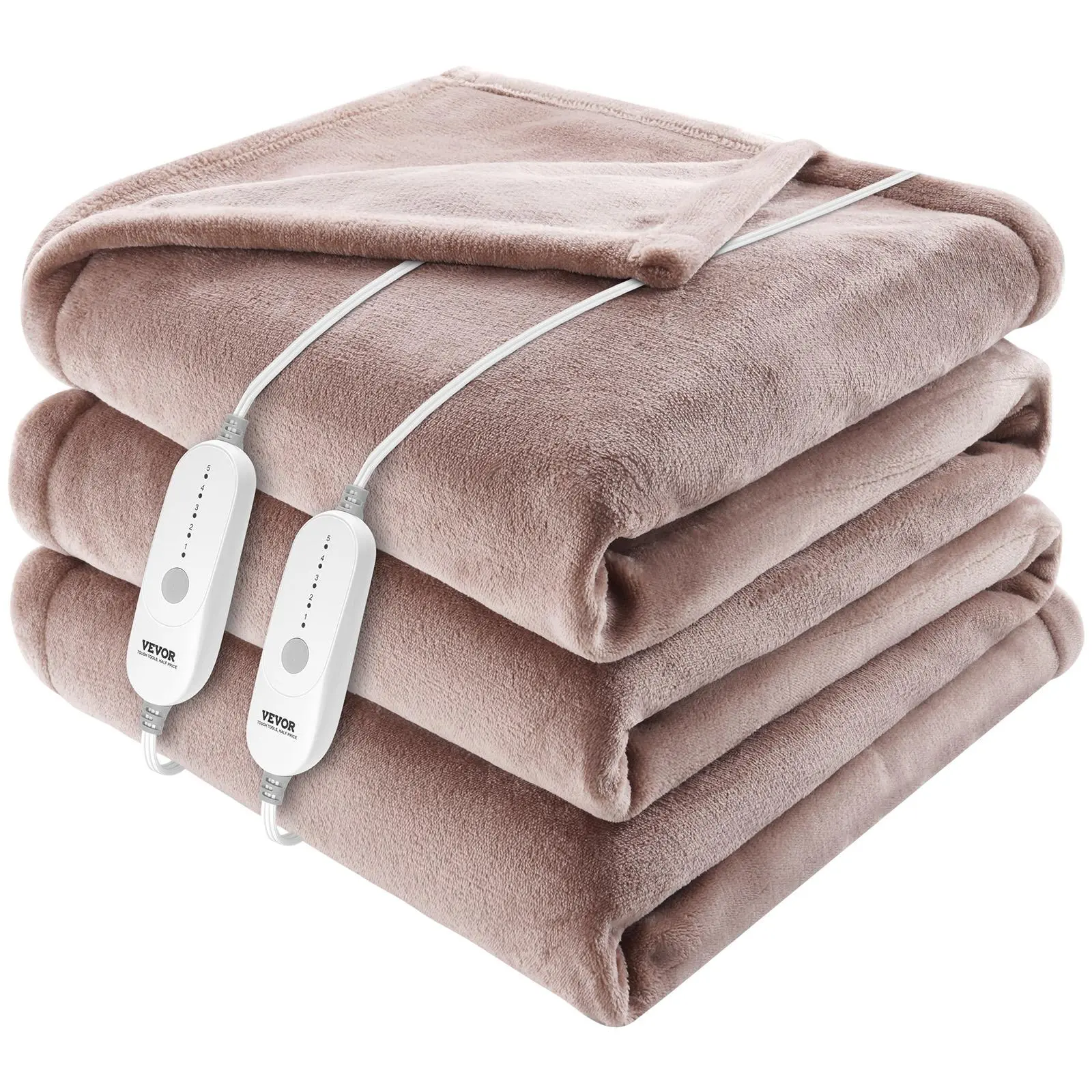 【SuperBrandDay】VEVOR Heated Blanket Electric Throw, 100" x 90" King Size, Soft Flannel Heating Blanket with 10 Hours Timer Auto-off & 5 Heating Levels, Dual Control, Machine Washable, ETL & FCC Certification (Beige), Five Heat Settings, Soft Flannel Mate