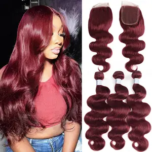 Burgundy #99J Human Hair Bundles Body Wave Bundles With 4x4 Lace Closure Brazilian Human Hair Weave 1/3/4 Pcs