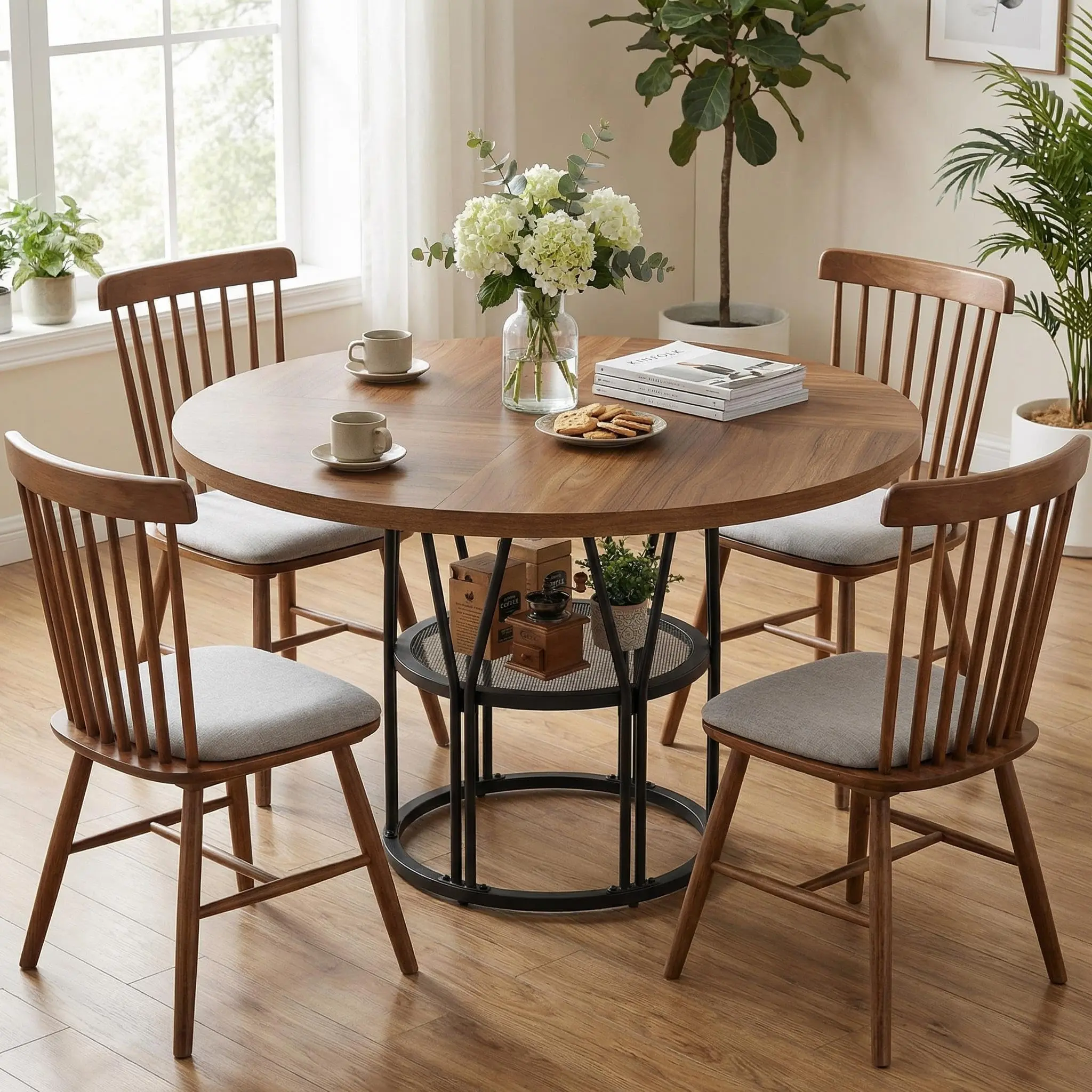 Garvee Round Dining Table for 4-6, 47in Modern Circular Design with Storage Shelf and Sturdy Metal Frame, Ideal for Kitchen, Living Room, Apartment, or Office, Available in Walnut, Black, and Natural Finishes